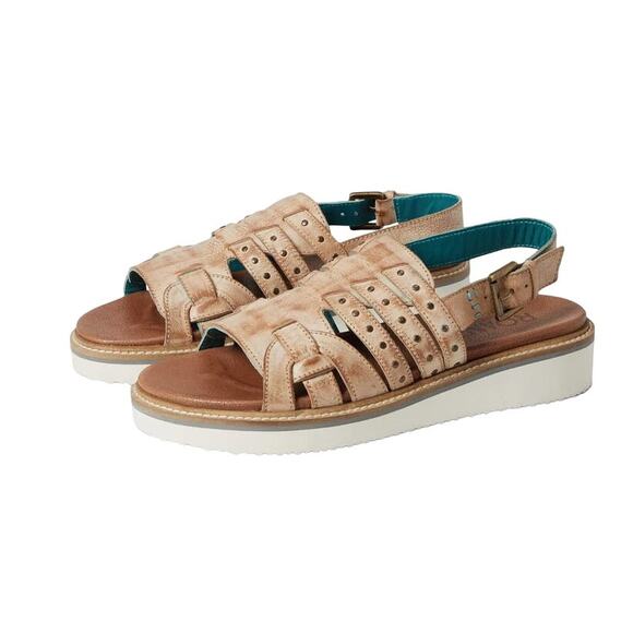 NEW Beds Stu ROAN Crest Sandals Wedge Distressed Leather Pecan Womens Size 7 - Picture 1 of 7